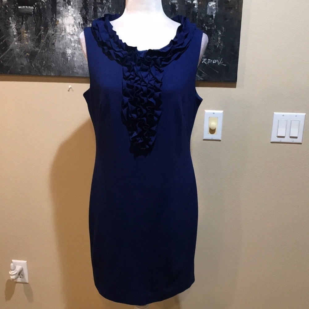 Trina Turk Cobalt Blue Ruffle Front Sleeveless Knee Length Sheath Dress-Size 10